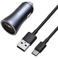 Set Incarcator Auto Baseus Golden Contactor Pro Dual USB si Type-C Quick Charger +Cablu USB la Type-c inclus, 1m,Dark Gray 