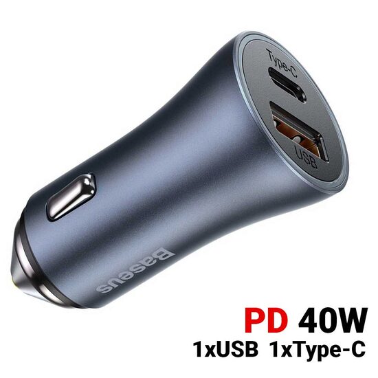 Incarcator Auto USB si Type-C Baseus Golden Contactor Pro Dual Quick Charger Dark Gray