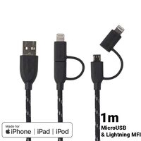 Cablu MicroUSB & Lightning MFI Boompods Duo Black (1m, impletitura textila)