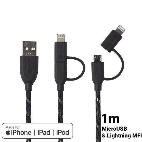 Cablu MicroUSB & Lightning MFI Boompods Duo Black (1m, impletitura textila)
