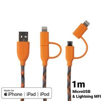 Cablu MicroUSB & Lightning MFI Boompods Duo Orange (1m, impletitura textila)