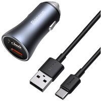 Set Incarcator Auto Baseus Golden Contactor Pro Dual 2x USB Quick Charger + Cablu USB la Type-C ,1 m Dark Gray 