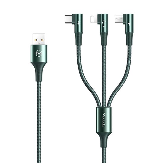 Cablu Lightning, MicroUSB si Type-C Mcdodo 3 in 1 90 Degree Green (3A, 1.2m)