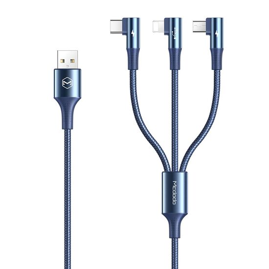 Cablu Lightning, MicroUSB si Type-C Mcdodo 3 in 1 90 Degree Blue (3A, 1.2m)