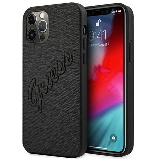Husa iPhone 12 Pro Max Guess Saffiano Vintage Script Negru