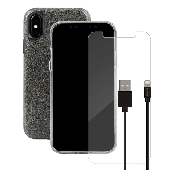 Pachet Husa Sparkle Clear + Cablu Lightning + Folie Sticla Skech pentru iPhone XS / X
