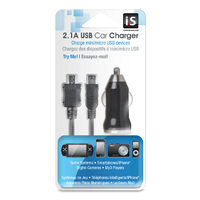 Set Incarcator Auto iSound  2.1A USB  cablu microUSB si miniUSB, Negru