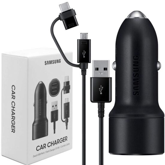 Incarcator Original Auto Samsung Dual USB + Combo Cable MicroUSB & Type-C Black