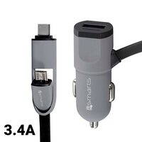 Set Incarcator Auto  4smarts Multicord 3.4A MicroUSB & Type-C cablu incorporat 1m, Black