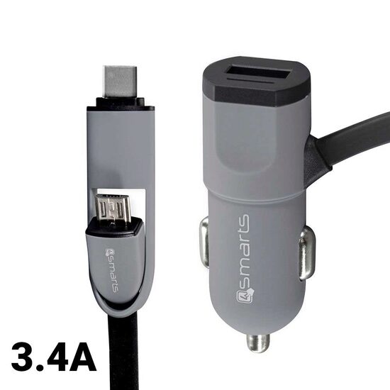 Set Incarcator Auto  4smarts Multicord 3.4A MicroUSB & Type-C cablu incorporat 1m, Black