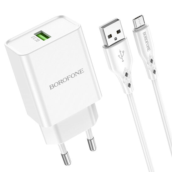 Set Incarcator Retea Borofone BN5 Sunlight cu cablu MicroUSB, QC 3.0, 18W, Alb