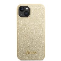 Husa iPhone 14 Plus Guess Glitter TPU Flakes Script Metal Logo Gold