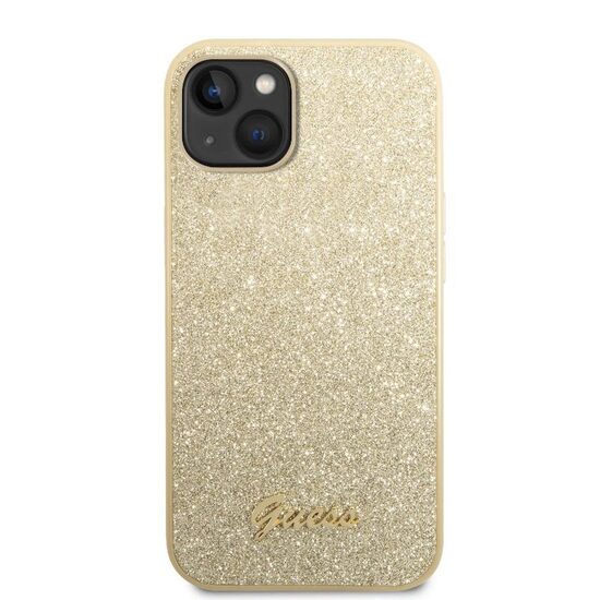 Husa iPhone 14 Plus Guess Glitter TPU Flakes Script Metal Logo Gold