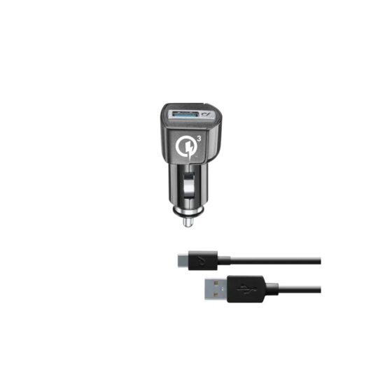 Set Incarcator Auto Cellularline  QC 3.0 18W+Cablu Date Type C 1m Negru