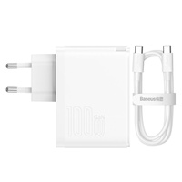 Baseus Set Incarcator Retea 100W, GaN5 Pro Quick Charge, 1 x USB Type-C, cablu Type-C la USB Type-C 100W, 1m, Alb