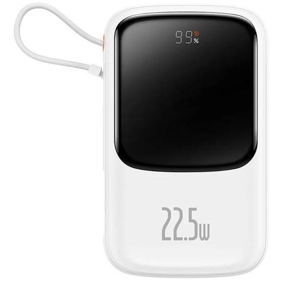 Baseus Acumulator extern Q Pow Digital Display Incarcare Rapida, QC/PD, 10000mAh, 22.5W, cablu integrat Type-C, Alb