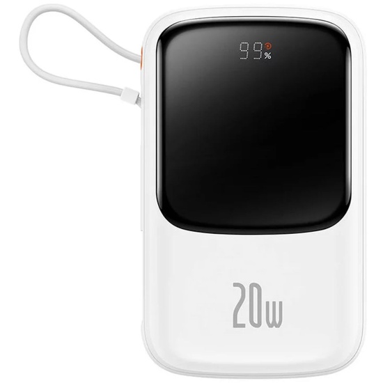 Baseus Acumulator extern Q Pow Digital Display Incarcare Rapida, QC/PD, 10000mAh, 20W, cablu integrat Lightning, Alb
