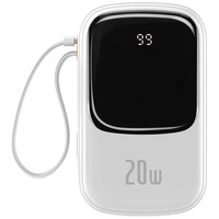 Baseus Acumulator extern Q Pow Digital Display Incarcare Rapida, QC/PD, 20000mAh, 20W, cablu integrat Lightning, Alb