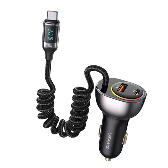 Usams Set Incarcator Auto Dual port USB si Type-C, Fast Charge Digital Display, PD, 60W, cu cablu Type-C, Negru