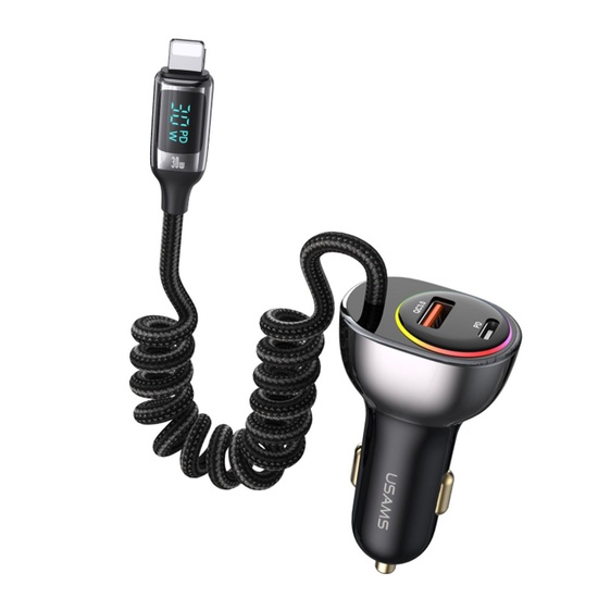 Usams Set Incarcator Auto Dual port USB si Type-C, Fast Charge Digital Display, PD, 60W, cu cablu Lightning, Negru