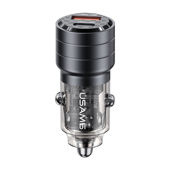 Usams Incarcator Auto Mini US-CC175 Dual port USB si Type-C, Fast Charge, 45W, Transparent / Negru