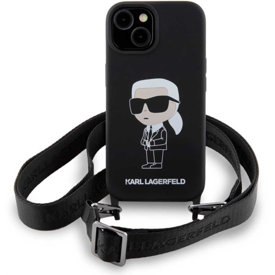 Karl Lagerfeld Husa Liquid Silicone Crossbody Ikonik iPhone 15 Negru