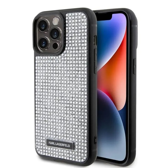 Karl Lagerfeld Husa Rhinestone Plate Metal Logo iPhone 15 Pro Argintiu