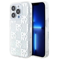DKNY Husa Liquid Glitter Multilogo iPhone 15 Pro Alb