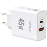 Lemontti Incarcator Retea GaN Fast Charge 45W 1 x PD Type-C + 1 x USB-A Quick Charge 3.0 Alb