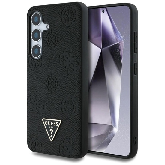 Guess Husa Grained Hot Stamp Peony Pattern Triangle MagSafe Samsung Galaxy S25 Negru