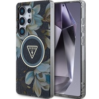 Guess Husa Glitter Flowers Triangle Buttons MagSafe Samsung Galaxy S25 Ultra Negru
