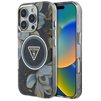 Guess Husa Glitter Flowers Triangle Buttons MagSafe iPhone 16 Pro Max Negru