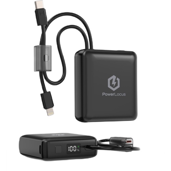 PowerLocus Acumulator extern 10000mAh, 20W PD Fast Charging, cabluri incorporate Type-C si Lightning, Black