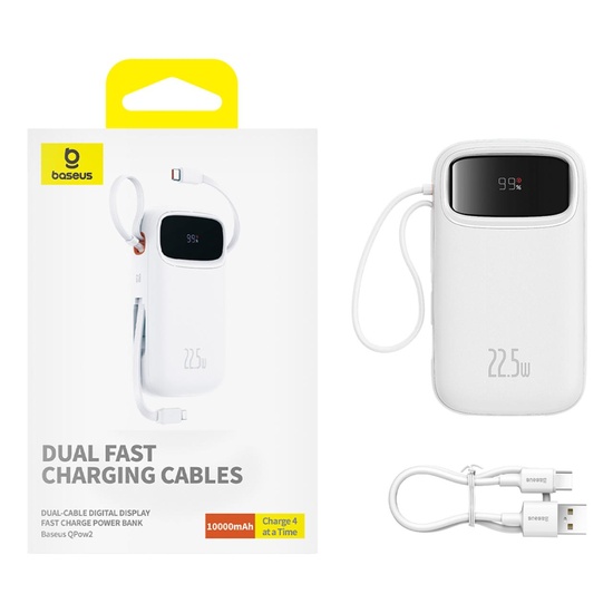 Baseus Acumulator extern QPow Pro+ 10000mAh, 22.5W, Lightning, 2xType-C, USB, cablu USB-C 30 cm, Alb