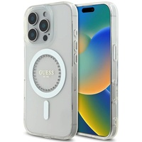 Guess Husa Rhinestones Ring MagSafe iPhone 16 Pro Alb