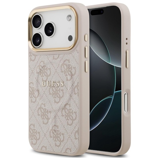 Guess Husa PU Leather 4G Gold Frame MagSafe iPhone 17 Pro Roz