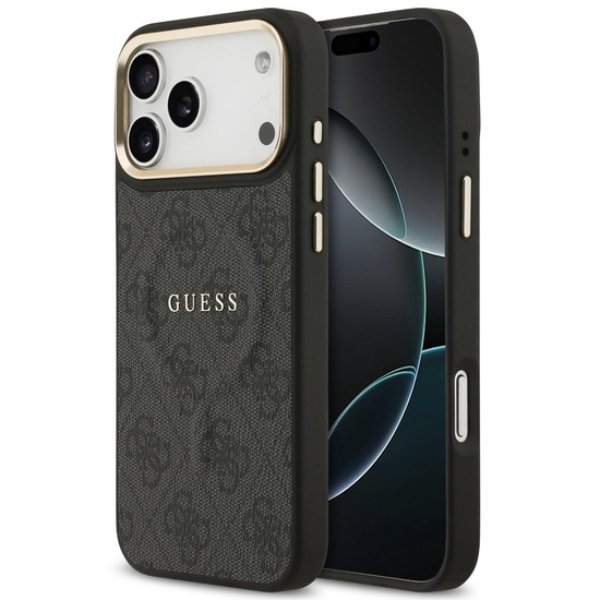 Guess Husa PU Leather 4G Gold Frame MagSafe iPhone 17 Pro Max Negru