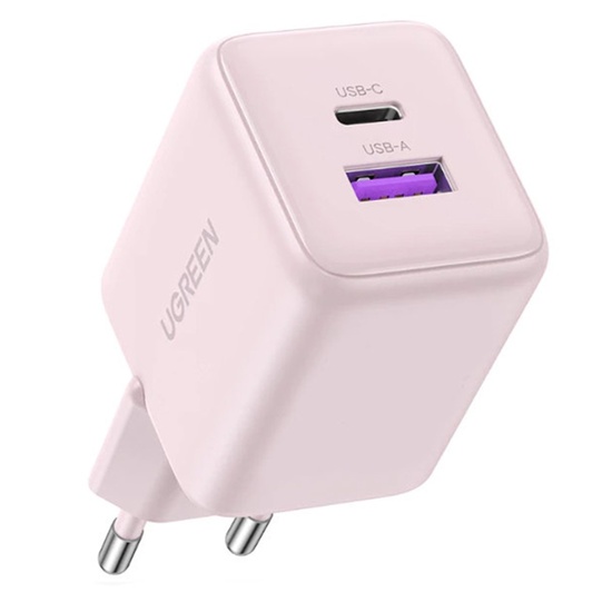 Ugreen Incarcator Retea 30W, Fast Charger, Dual Port USB-A si USB-C, GaN, QC 3.0, Roz