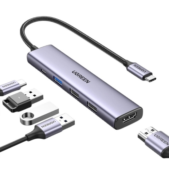 Ugreen Multihub Ultra-Thin Type-C la USB3.0, 2x USB2.0, HDMI 4K@30Hz, Type-C PD100W, 5Gbps, Grey